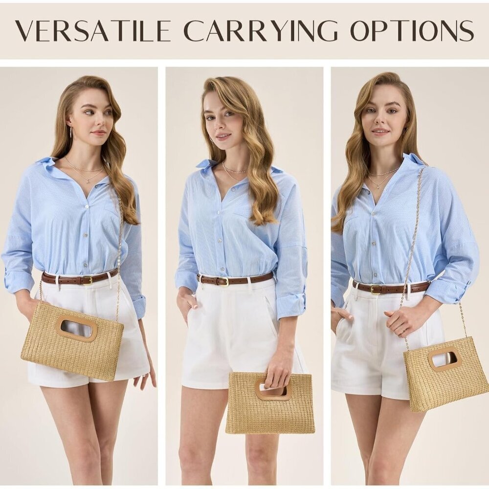 Tan Straw Clutch Purse for Women with Top Handle Summer Boho Beach Bag - Picture 4 of 6